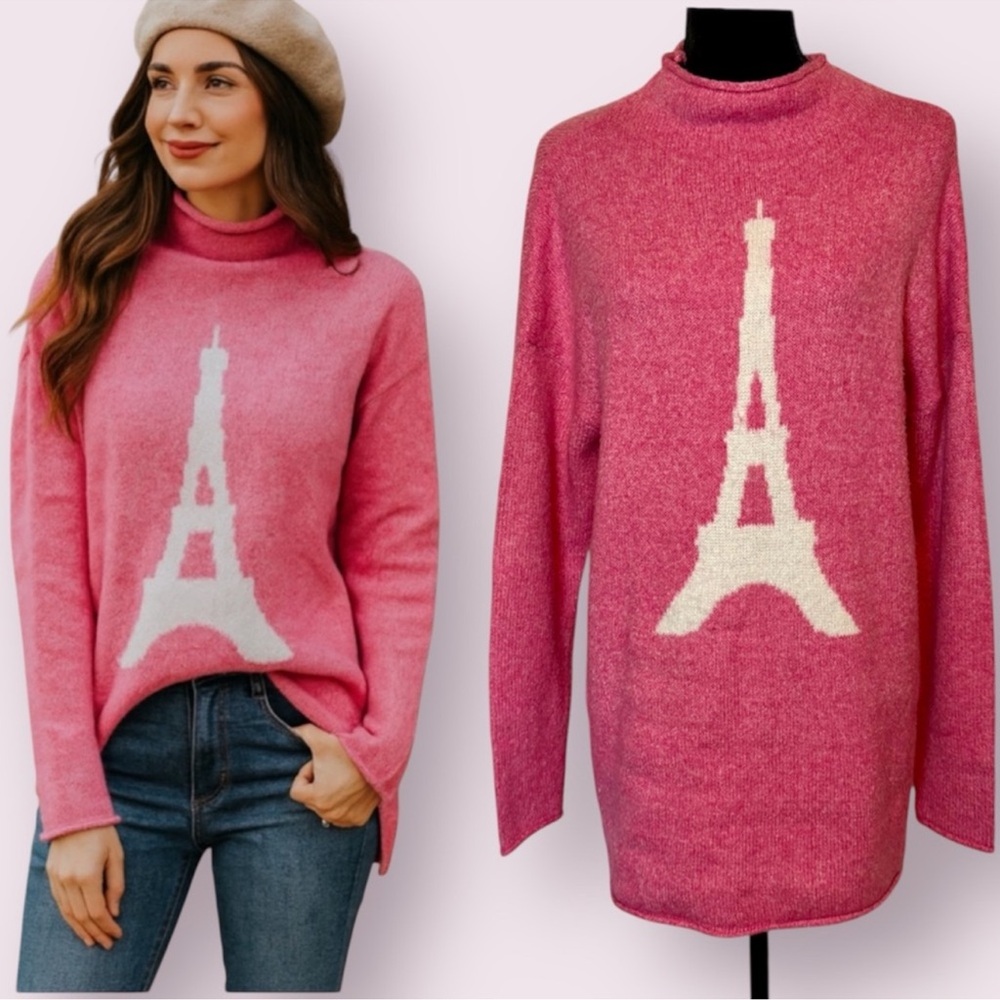 cupcakes & cashmere Pink Turtleneck Eiffel Tower Sweater